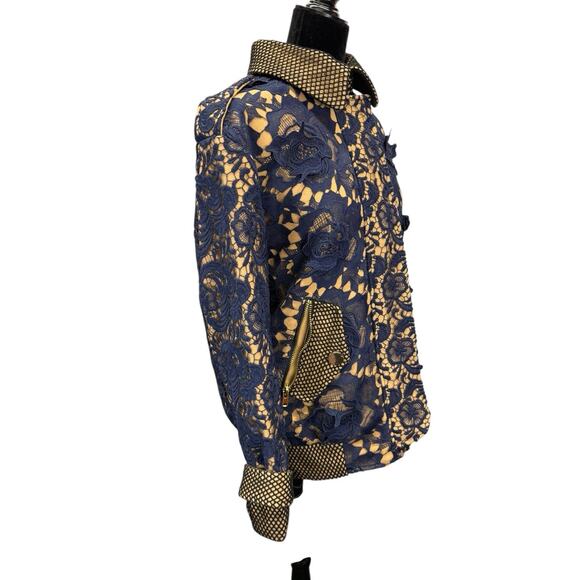Self Portrait Navy Lace Embroidered Jacket US 8 | 3D Floral Textured Coat - Picture 7 of 12